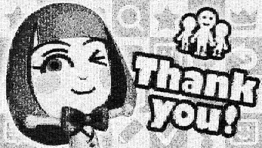 absurdres, annotation_request, bangs, blunt_bangs, bow, bowtie, collaboration, collage, commentary, english, highres, incredibly_absurdres, mii_(nintendo), miiverse, monochrome, nintendo, one_eye_closed, outstretched_arms, smile, thank_you