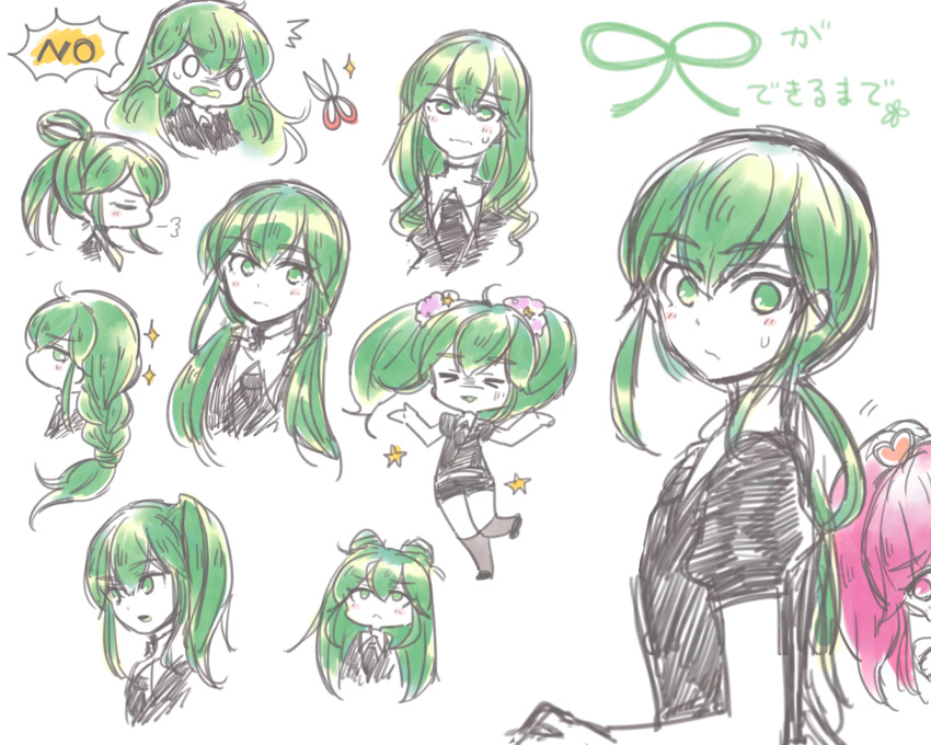 androgynous, black_neckwear, black_shorts, braid, double_bun, green_eyes, green_hair, hair_rings