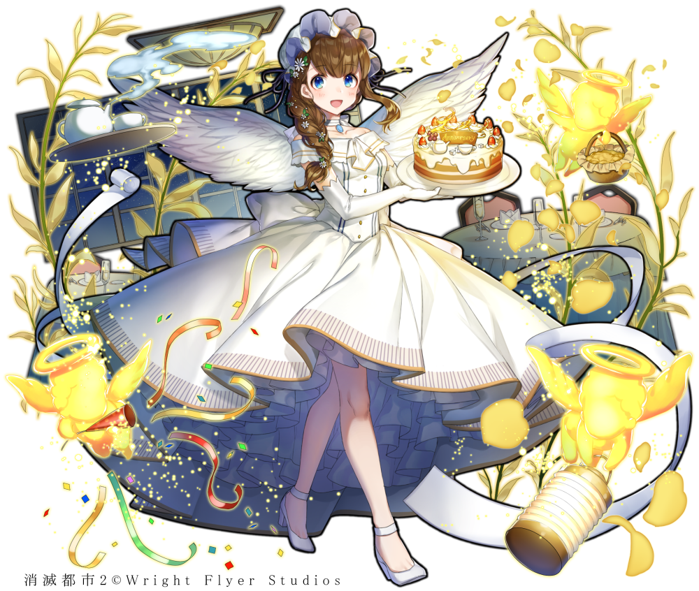 1girl, :d, blue_eyes, braid, brown_hair, cake, cherub, dress