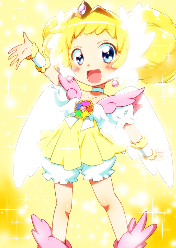 1girl, :d, arm_up, bangs, blonde_hair, bloomers, blue_eyes, blush_stickers, candy_(smile_precure!), choker, commentary_request, double_bun, dress, earrings, eyebrows_visible_through_hair, gem, jewelry, legs_apart, looking_at_viewer, open_mouth, outstretched_arm, precure, puffy_short_sleeves, puffy_sleeves, royal_candy, shiny, shiny_hair, short_dress, short_hair, short_sleeves, smile, smile_precure!, solo, sparkle, sparkle_background, standing, tiara, underwear, white_neckwear, white_wings, wings, wrist_cuffs, yellow_background, yellow_dress, yuto_(dialique)