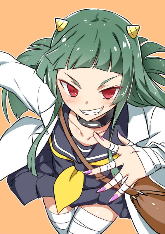 1girl, bag, bandage, bandaged_hands, bandaged_leg, bangs, black_collar, black_serafuku