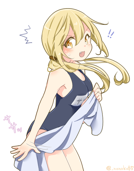 !!, 1girl, blonde_hair, blush, embarrassed, fang, kantai_collection, long_hair