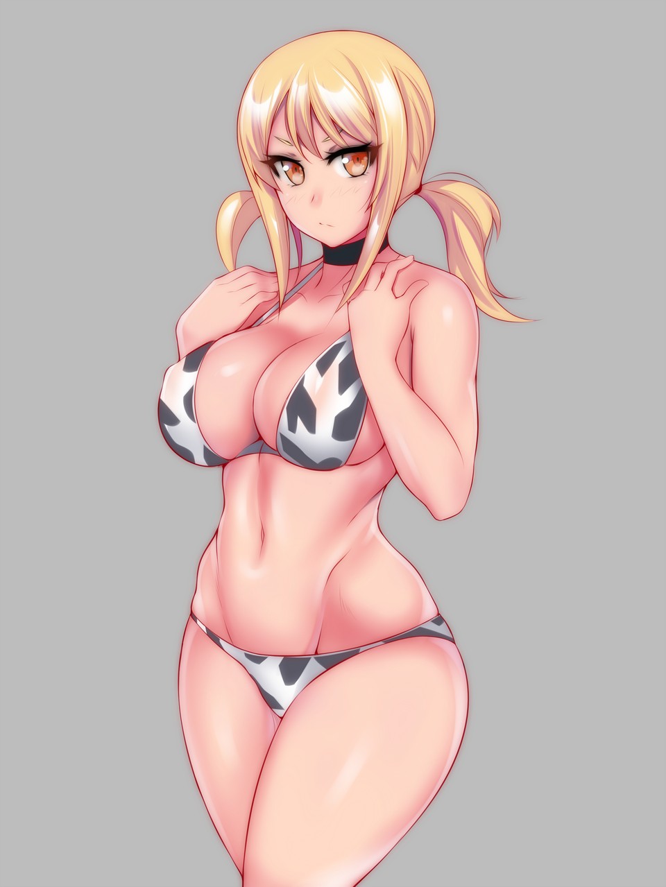 >:/, 1girl, :/, animal_print, bangs, bikini, blonde_hair, blush