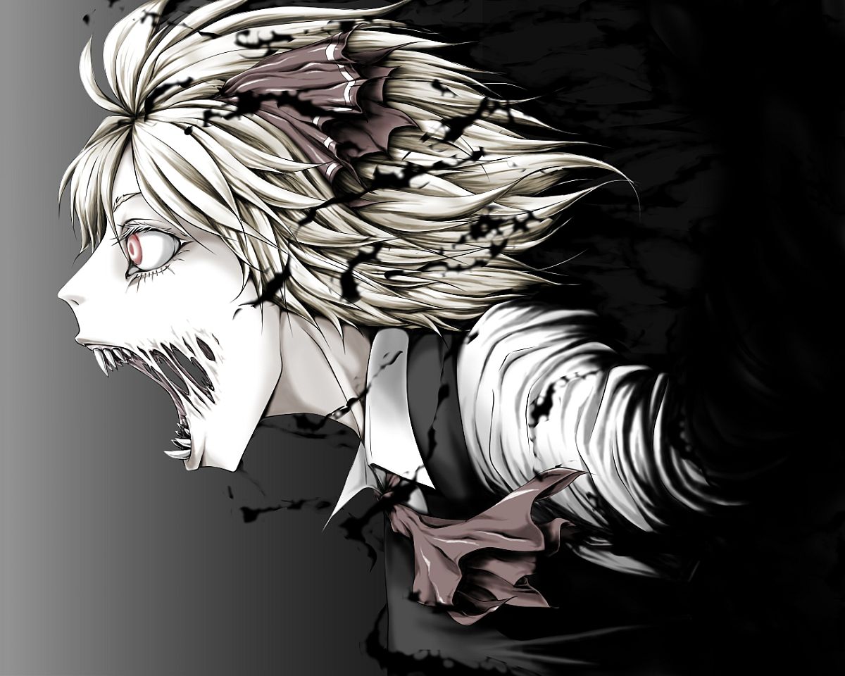 1girl, ascot, big_mouth, black_background, blonde_hair, commentary_request, dark, darkness