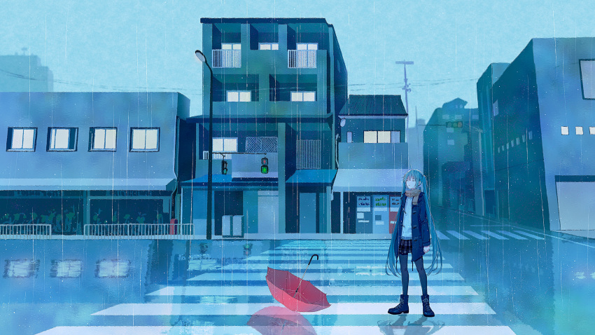 1girl, bangs, black_footwear, boots, brown_scarf, closed_eyes, coat, crosswalk, duffel_coat, eyebrows_visible_through_hair, fringe, hatsune_miku, highres, intersection, legs_apart, long_hair, mimengfeixue, miniskirt, open_clothes, open_coat, outdoors, pantyhose, plaid, plaid_skirt, pleated_skirt, rain, sidelocks, skirt, solo, standing, umbrella, very_long_hair, vocaloid