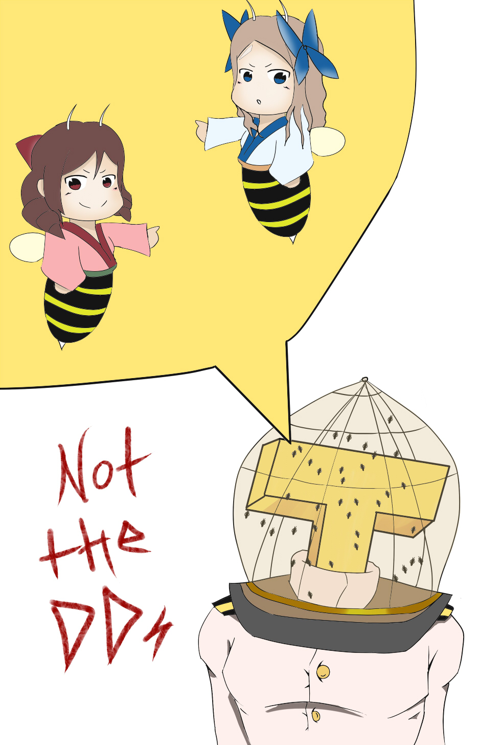 1boy, admiral_(kantai_collection), asakaze_(kantai_collection), bees, blue_eyes, brown_hair, crossover, drill_hair, harukaze_(kantai_collection), head_cage, highres, japanese_clothes, kantai_collection, kerisato, kimono, looking_at_viewer, nicolas_cage, red_eyes, t-head_admiral, tagme, the_wicker_man, white_background