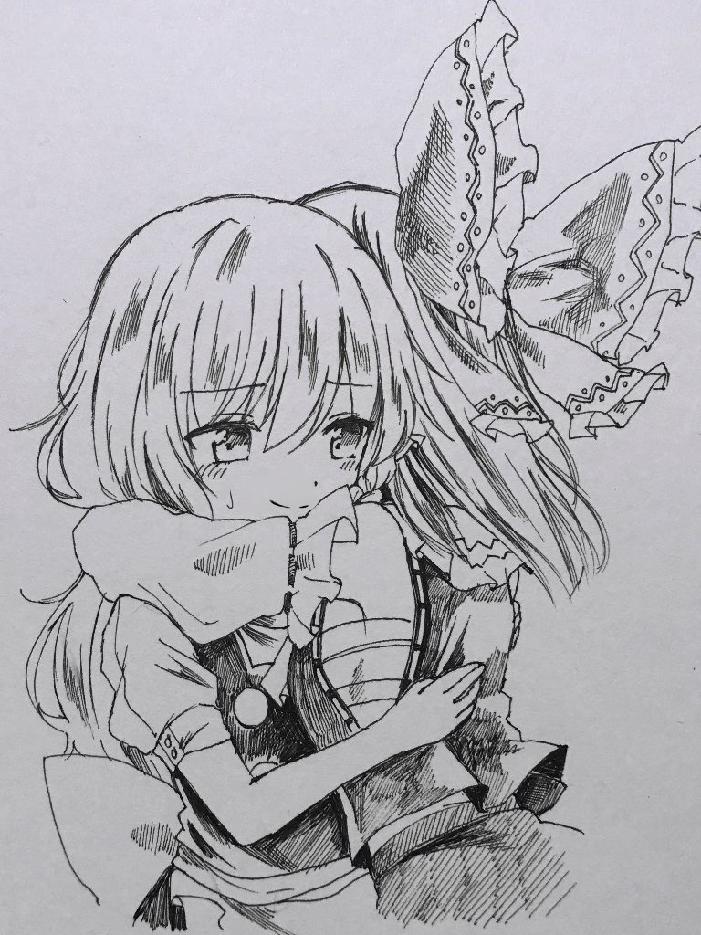 2girls, armpits, blush, bow, couple, crying, crying_with_eyes_open, detached_sleeves, greyscale, hair_bow, hakurei_reimu, happy, happy_tears, hug, kirisame_marisa, large_bow, long_hair, lovestruck, monochrome, multiple_girls, sarashi, sketch, skirt, skirt_set, tears, touhou, vest, yuri, yururi_nano