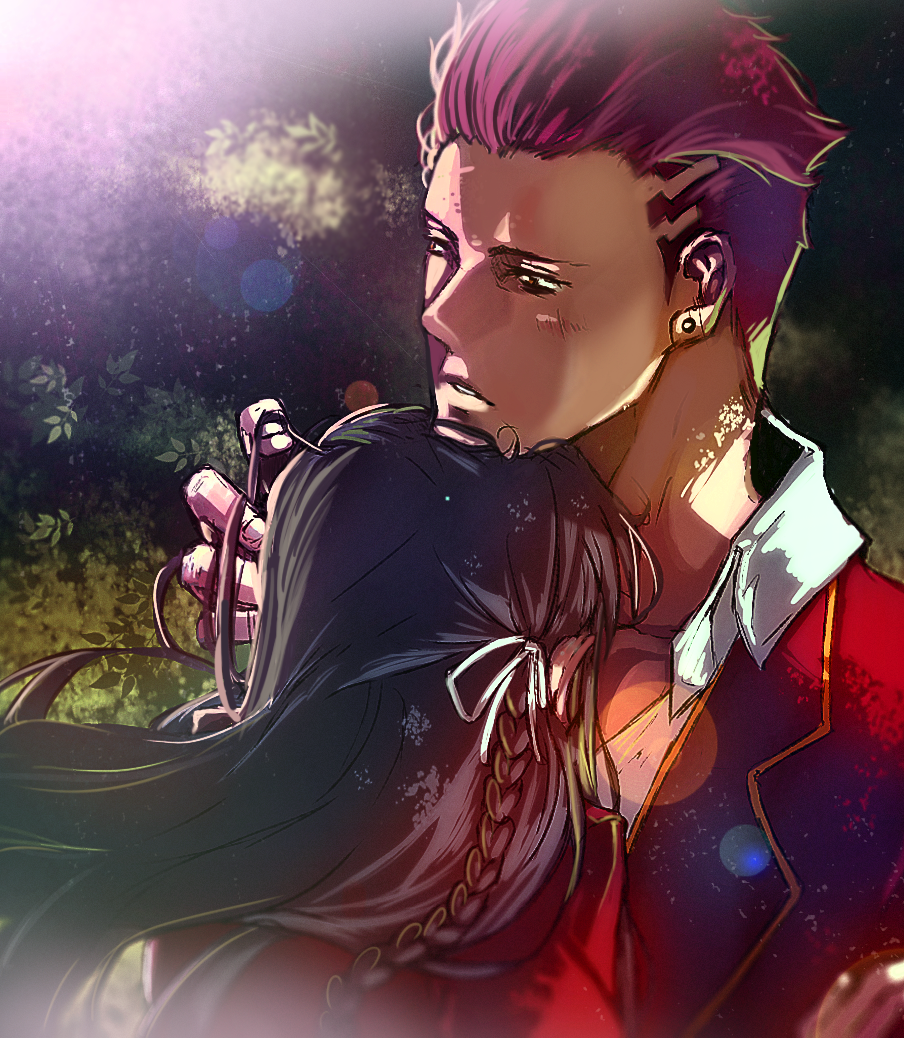 1boy, 1girl, black_hair, braid, drawfag, earrings, hand_in_another's_hair, horikita_suzune