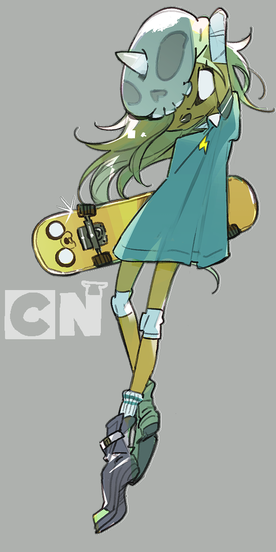 adventure_time, amiami, blonde_hair, bronwyn, cartoon_network, helmet, knee_pads, personification, skateboard, skirt, skull, yellow_skin
