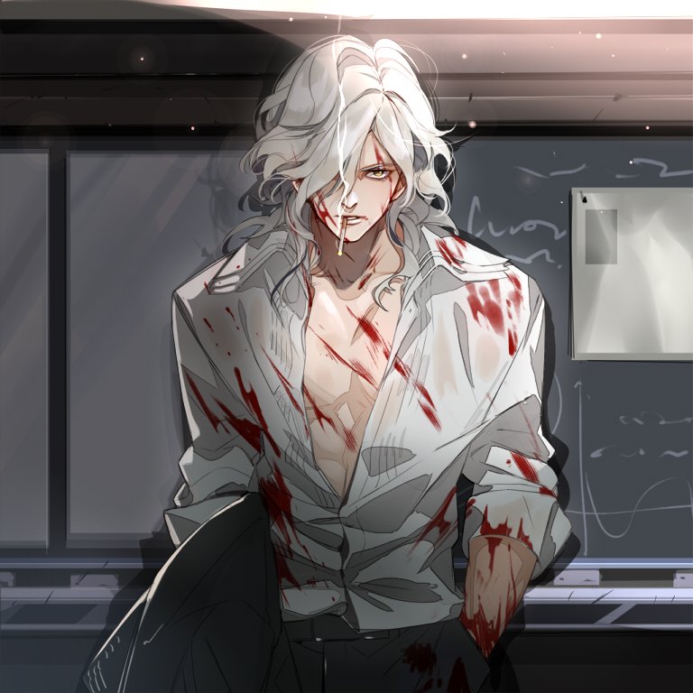 1boy, blood, blood_on_face, bloody_clothes, cigarette, collarbone, edmond_dantes_(fate/grand_order), fate/grand_order, fate_(series), hand_in_pocket, jacket, jacket_removed, juer1004, long_hair, long_sleeves, looking_at_viewer, male_focus, open_clothes, open_shirt, parted_lips, shirt, silver_hair, solo, wavy_hair, yellow_eyes
