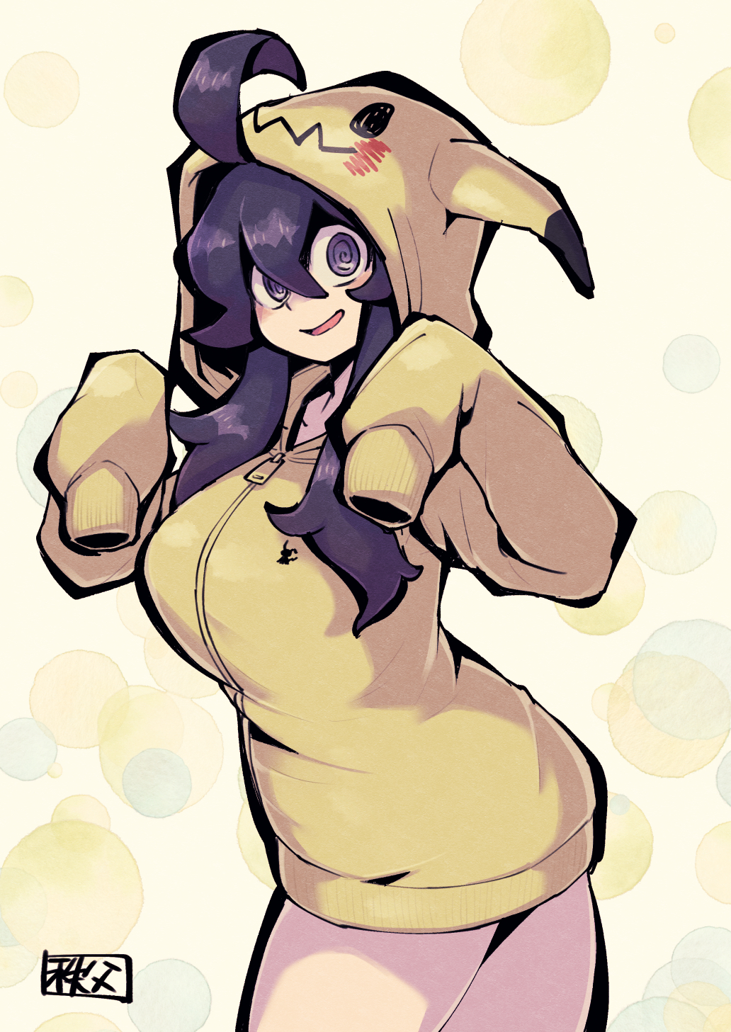 1girl, ahoge, breasts, cosplay, hex_maniac_(pokemon), highres, hood, hoodie