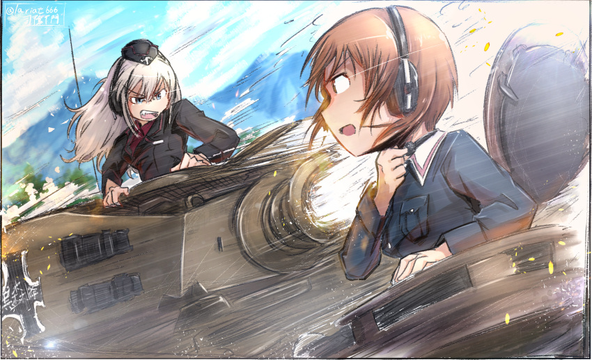 2girls, angry, bangs, black_hat, black_jacket, blue_jacket, brown_eyes, brown_hair