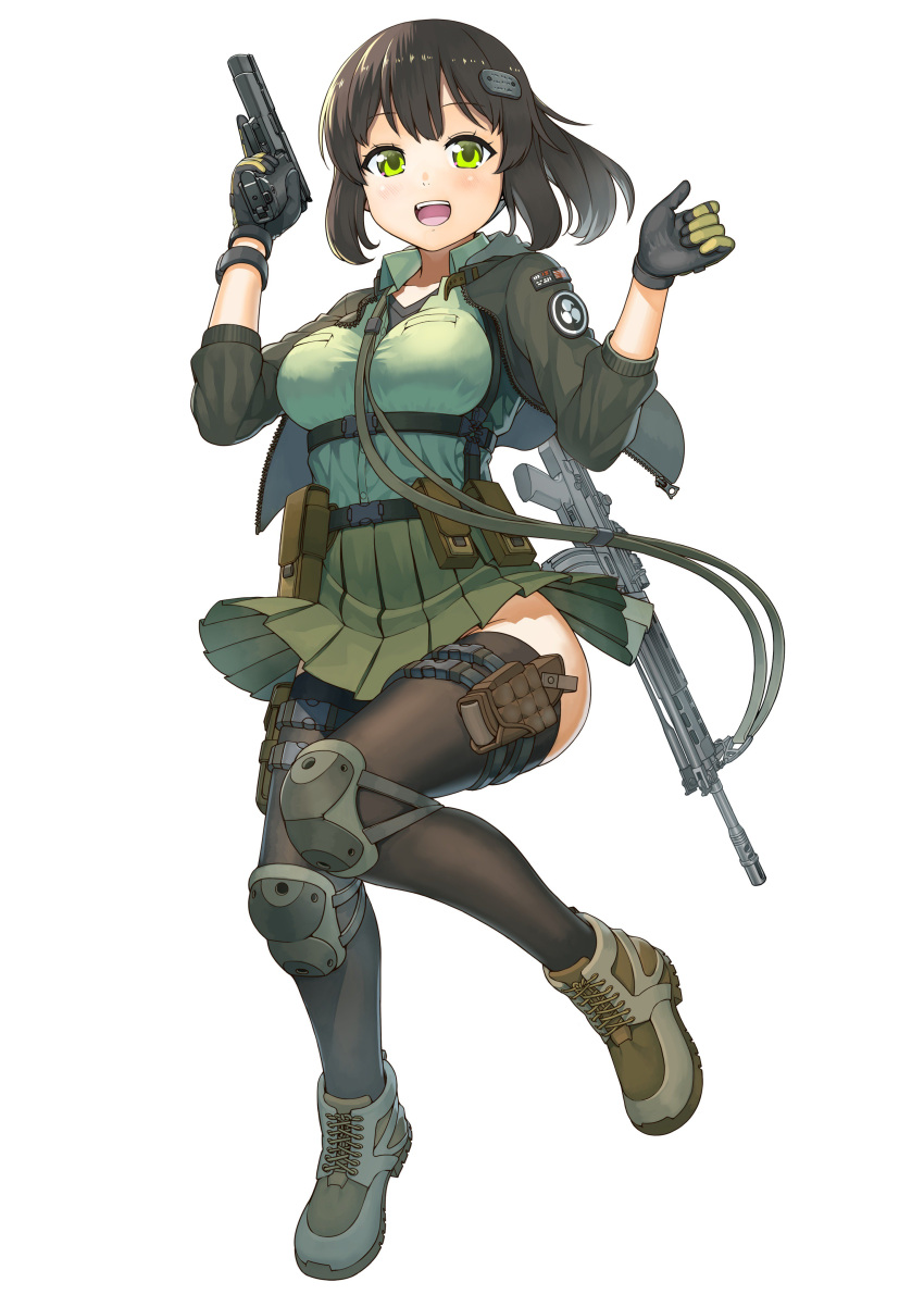 1girl, :d, absurdres, ammunition_belt, assault_rifle, black_gloves, black_legwear, boots, breasts, collarbone, collared_shirt, cross-laced_footwear, eyebrows_visible_through_hair, full_body, gloves, green_eyes, green_shirt, green_skirt, gun, hair_ornament, handgun, highres, holding, holding_gun, holding_weapon, holster, howa_type_89, knee_pads, leg_up, looking_at_viewer, medium_breasts, open_mouth, original, pistol, pleated_skirt, revision, rifle, shiono_fuyu, shirt, sig_sauer, sig_sauer_p220, simple_background, skirt, smile, solo, thigh-highs, trigger_discipline, weapon, white_background, wing_collar