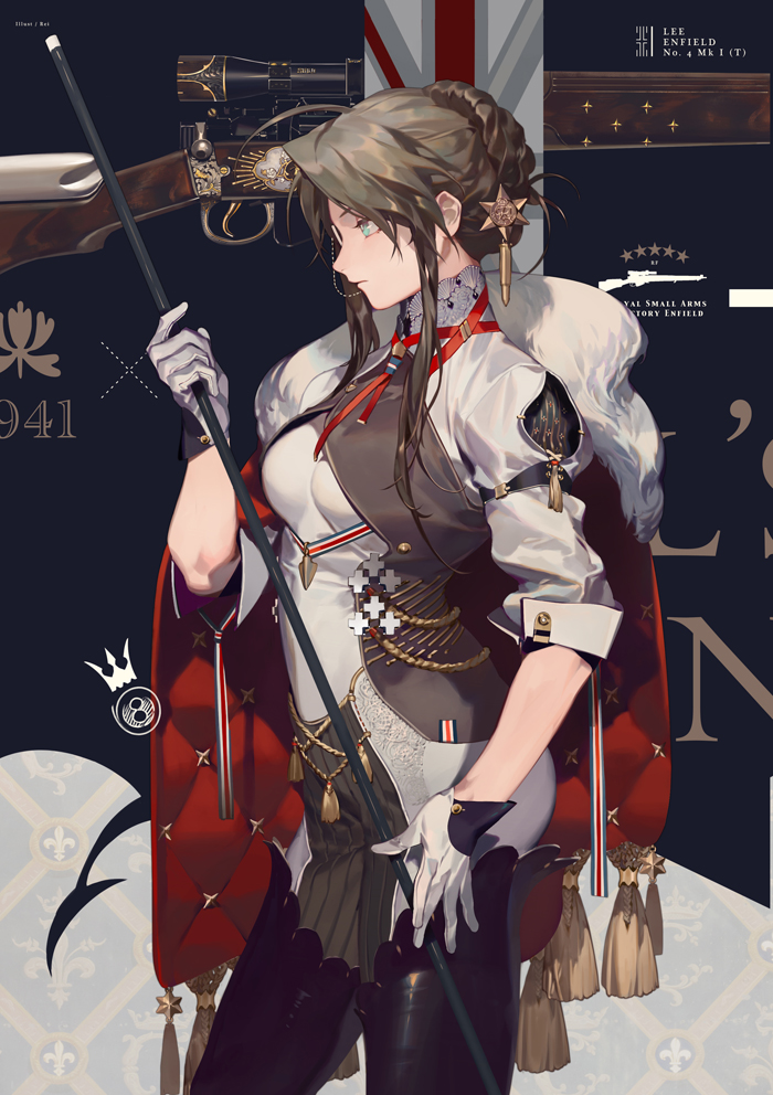 1girl, black_footwear, blue_eyes, boots, breasts, brown_hair, cape, closed_mouth