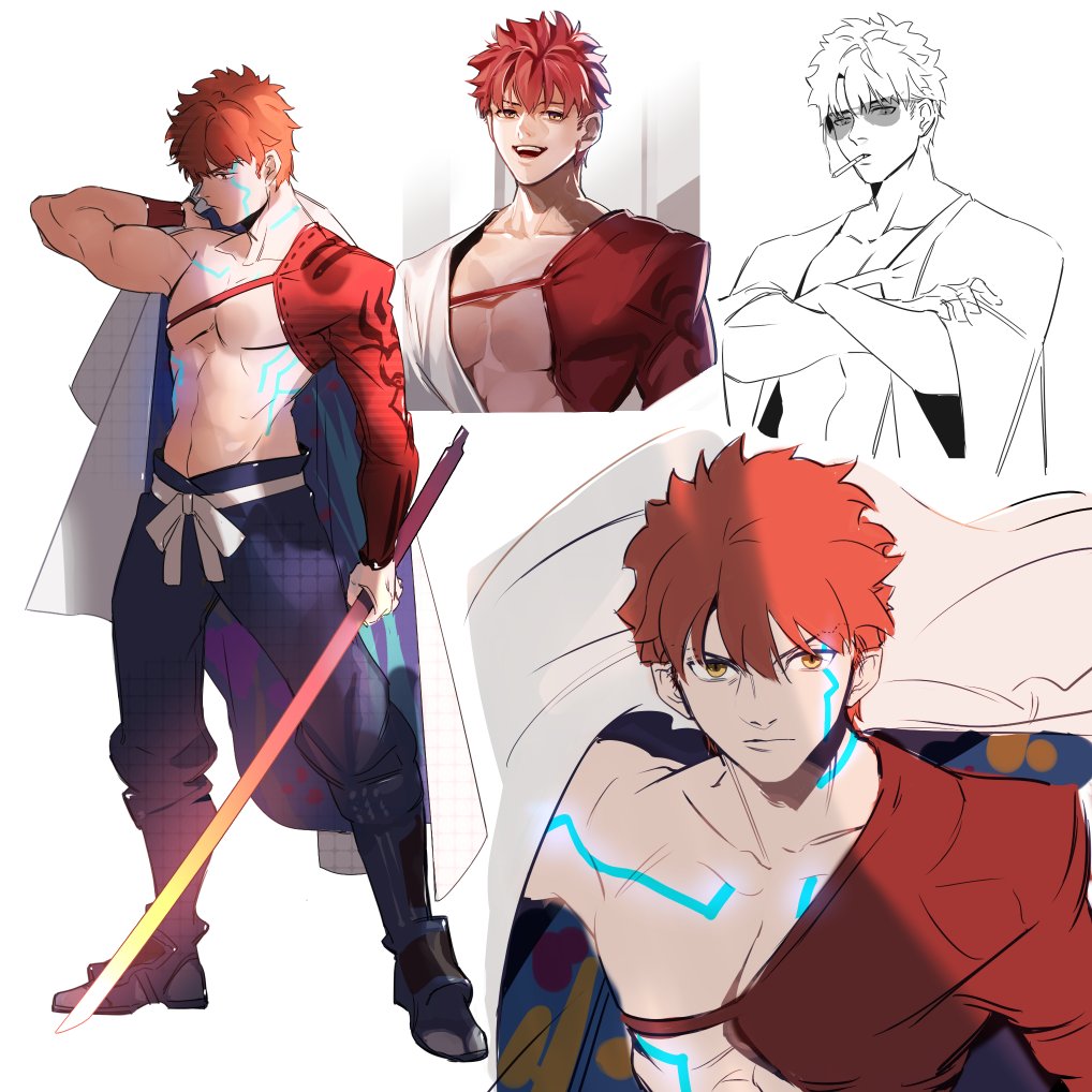 1boy, bare_chest, character_sheet, emiya_shirou, fate/grand_order, fate_(series), glowing_tattoo, igote