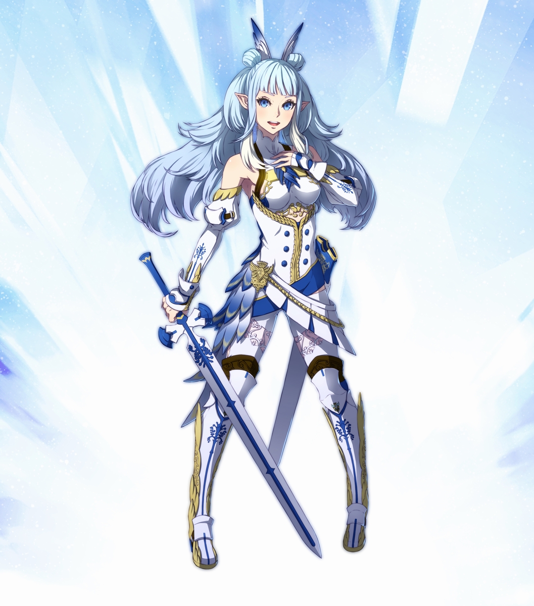 1girl, akikazu_mizuno, bangs, bare_shoulders, blue_eyes, blue_hair, boots, breasts, elbow_gloves, full_body, gloves, hair_ornament, hand_on_own_chest, harriet_(pso2), highres, holding, holding_weapon, long_hair, looking_at_viewer, medium_breasts, official_art, open_mouth, phantasy_star, phantasy_star_online_2, pointy_ears, sheath, simple_background, sleeveless, smile, solo, sword, thigh-highs, thigh_boots, turtleneck, weapon
