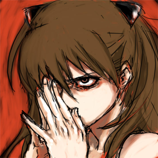 brown_eyes, brown_hair, crazy_eyes, folded_hands, glare, hairclip, neon_genesis_evangelion, souryuu_asuka_langley