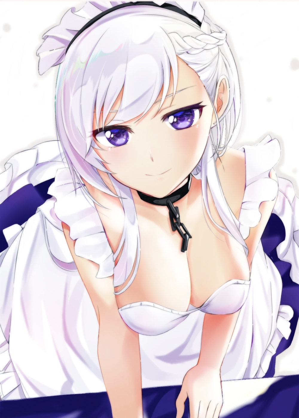 1girl, apron, azur_lane, belfast_(azur_lane), bent_over, braid, breasts, cleavage