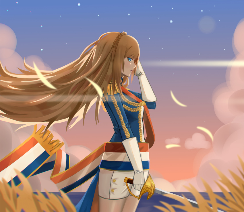 1girl, absurdly_long_hair, blue_eyes, blush, breasts, brown_hair, elbow_gloves, gloves, highres, holding, holding_sword, holding_weapon, kkgsama, long_hair, long_sleeves, looking_at_viewer, medium_breasts, outdoors, parted_lips, richelieu_(zhan_jian_shao_nyu), sky, solo, sword, very_long_hair, weapon, white_gloves, zhan_jian_shao_nyu