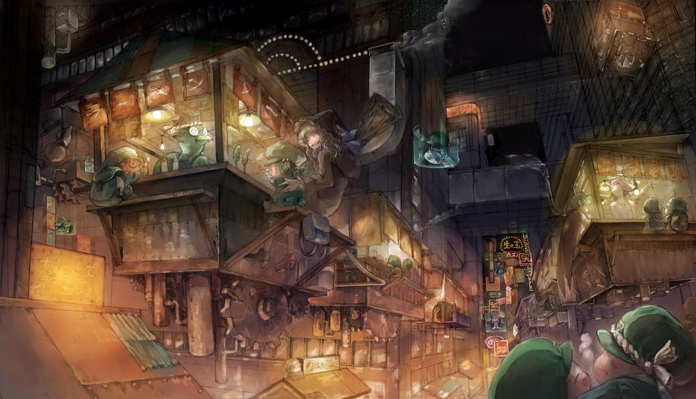 2girls, backpack, bag, black_hat, blonde_hair, blue_hair, broom, closed_eyes, facing_another, gears, glasses, green_hat, hat, high_heels, jatomaru, kawashiro_nitori, kirisame_marisa, long_hair, mechanical_pencil, multiple_girls, open_mouth, pencil, scenery, short_hair, smile, teeth, touhou, witch_hat