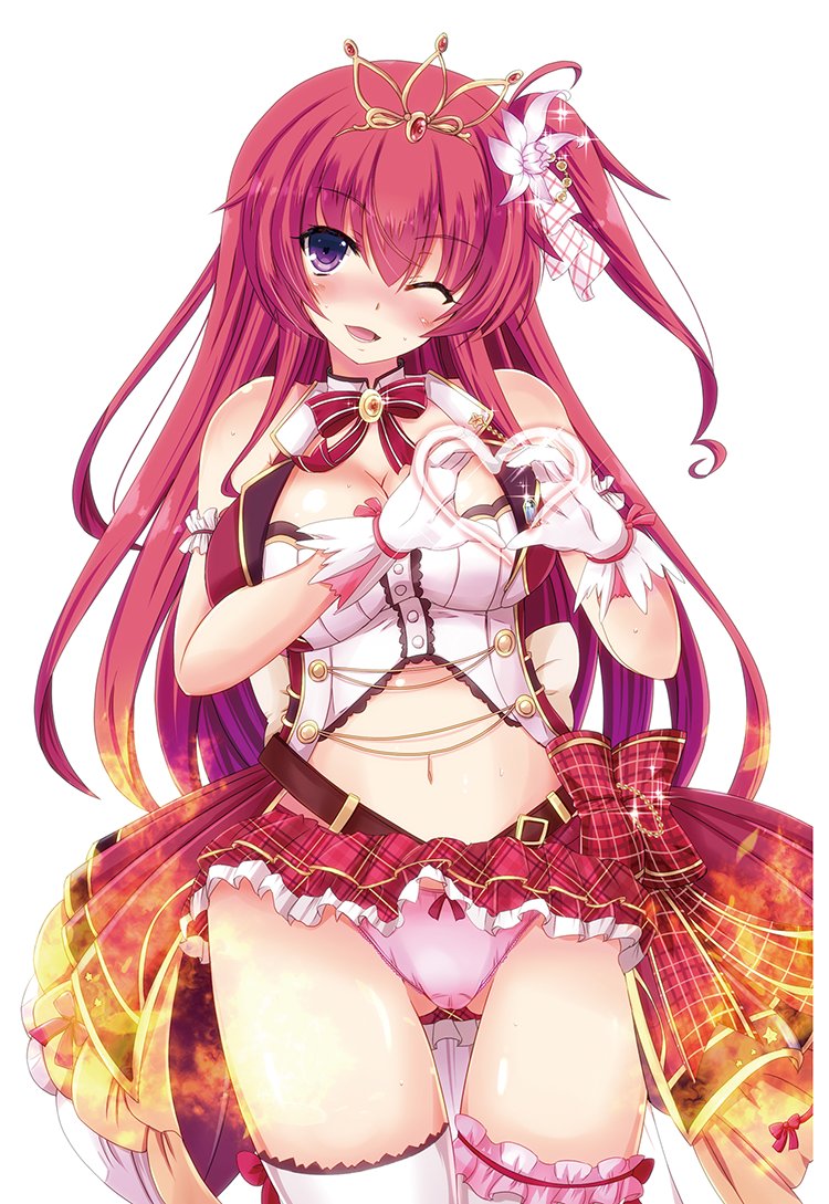 1girl, ;d, belt, bow, bow_panties, breasts, cattleya_(flower_knight_girl), cilfy