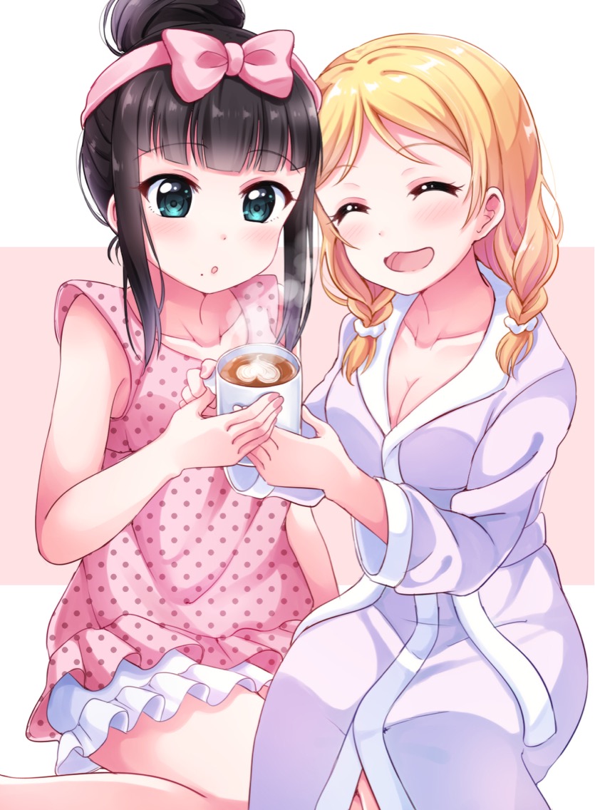 2girls, black_hair, blonde_hair, blush, breasts, cleavage, closed_eyes, coffee