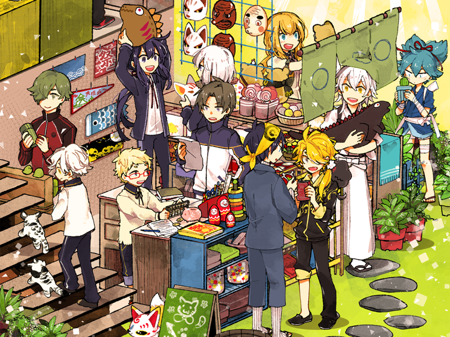 6+boys, abacus, ahoge, bandanna, black_hair, blonde_hair, blue_eyes, blue_hair, cactus, candy, daruma_doll, flag, food, fox, fox_mask, glasses, gokotai, gokotai's_tigers, green_eyes, green_hair, grey_eyes, hair_over_one_eye, hakata_toushirou, heshikiri_hasebe, honebami_toushirou, jacket, japanese_clothes, karasmo, konnosuke, lollipop, male_focus, mask, midare_toushirou, mikazuki_munechika, multiple_boys, namazuo_toushirou, open_mouth, ponytail, red-framed_eyewear, sayo_samonji, shishiou, smile, stairs, stuffed_dinosaur, swirl_lollipop, tengu_mask, tiger, tiger_cub, touken_ranbu, track_jacket, tsurumaru_kuninaga, uguisumaru, violet_eyes, white_hair, white_tiger, yellow_eyes