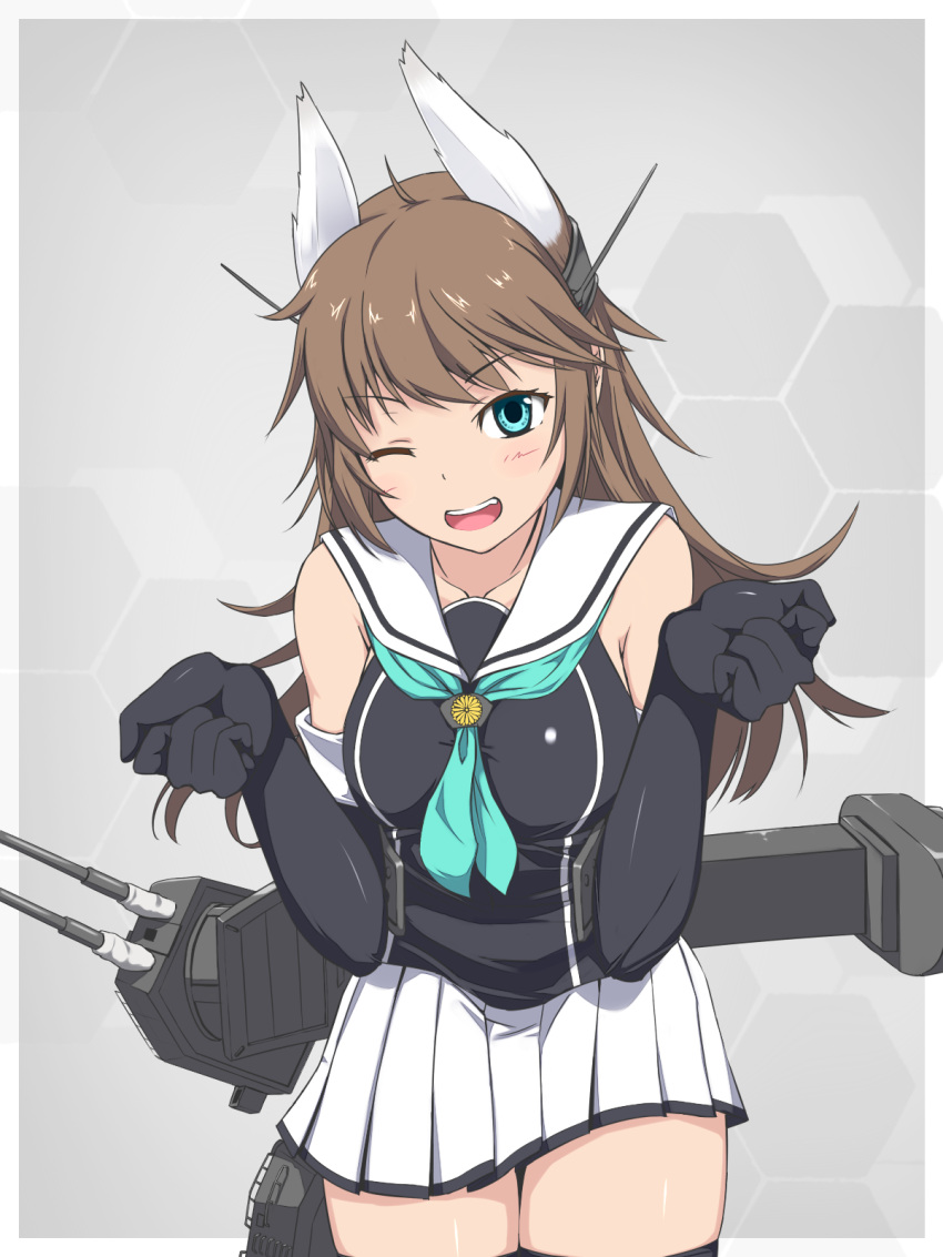 1girl, animal_ears, aqua_neckwear, azur_lane, black_gloves, blue_eyes, brown_hair, cowboy_shot