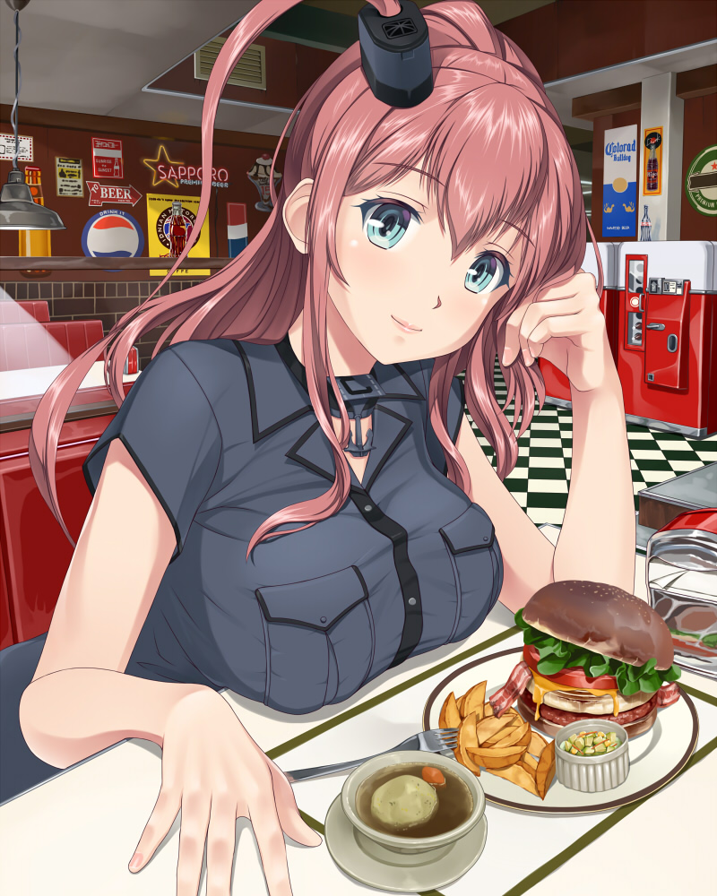 1girl, bangs, blue_eyes, blush, breast_rest, breasts, brown_hair, checkered