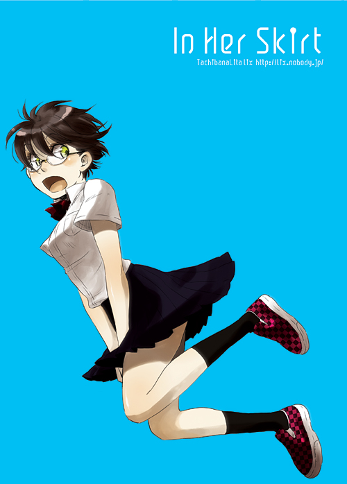 black_hair, bow, checkered, checkers, glasses, open_mouth, school_uniform, short_hair