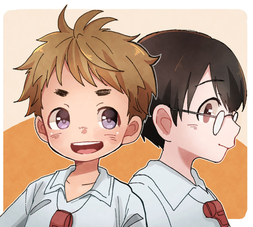 2boys, :d, bangs, black_hair, blue_shirt, brown_hair, child, closed_mouth