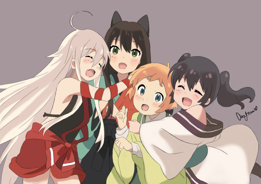4girls, :d, ^_^, absurdres, ahoge, bangs, bare_shoulders, black_bow, black_hair, black_hakama, black_shirt, blue_eyes, blush, bow, breasts, brown_background, chiya_(urara_meirochou), closed_eyes, collared_shirt, cowboy_shot, eyebrows_visible_through_hair, green_eyes, green_kimono, group_hug, hair_between_eyes, hair_bow, hakama, highres, hug, japanese_clothes, kimono, long_hair, long_sleeves, looking_at_viewer, meiji_schoolgirl_uniform, multicolored, multicolored_clothes, multicolored_kimono, multiple_girls, natsume_nono, nozomiin_nc, off_shoulder, open_mouth, orange_hair, red_skirt, sash, shirt, sidelocks, signature, simple_background, skirt, sleeveless, sleeveless_shirt, small_breasts, smile, standing, tatsumi_kon, thick_eyebrows, twintails, urara_meirochou, very_long_hair, white_hair, white_kimono, white_shirt, wide_sleeves, wing_collar, yukimi_koume
