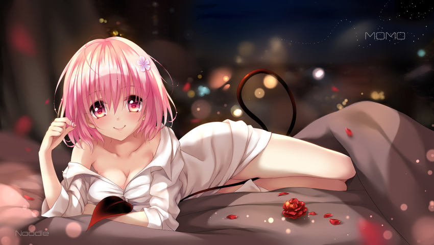 1girl, ahoge, artist_name, bed_sheet, breasts, character_name, cleavage, collarbone