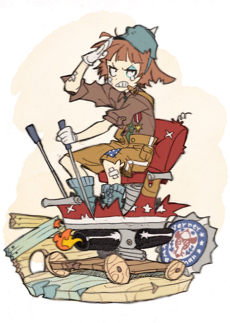 1girl, bandage_on_face, black_eye, brown_hair, clenched_teeth, cuphead_(game), faux_figurine, genderswap