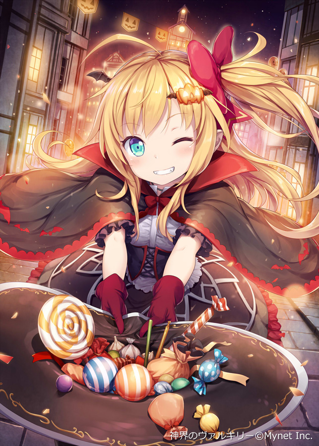 1girl, age_regression, akkijin, alchemist_(shinkai_no_valkyrie), bat_wings, blonde_hair, blue_eyes, candy