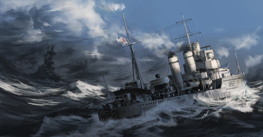 abe_yasushi_(umizoi_tibet), admiral_hipper, clouds, commentary_request, destroyer, flag, heavy_cruiser, historical_event