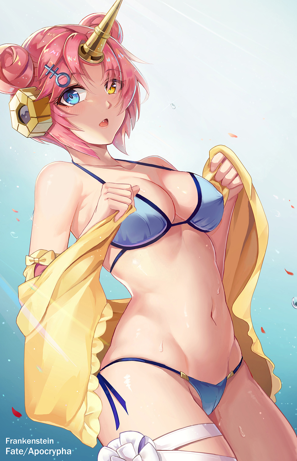 1girl, :o, bangs, bare_shoulders, berserker_of_black, bikini, blue_background, blue_bikini