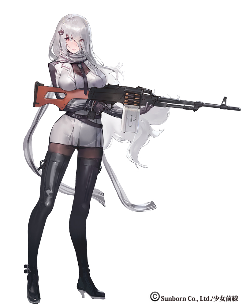 1girl, ammunition, ammunition_belt, bear_hair_ornament, belt, between_breasts, black_footwear, black_gloves, black_legwear, blazer, blush, bodystocking, boots, breast_hold, breasts, dress, erect_nipples, eyebrows, eyebrows_visible_through_hair, finger_on_trigger, full_body, girls_frontline, gloves, gun, hair_between_eyes, hair_ornament, hair_over_one_eye, head_tilt, high_heel_boots, high_heels, holding, holding_gun, holding_weapon, impossible_clothes, jacket, kishiyo, large_breasts, long_hair, looking_at_viewer, machine_gun, magazine_(weapon), necktie, necktie_between_breasts, nose, official_art, pantyhose, parted_lips, pk_(girls_frontline), pk_machine_gun, pkm, pleated_dress, red_eyes, scarf, short_dress, silver_hair, simple_background, solo, standing, strap, thigh-highs, thigh_boots, transparent_background, very_long_hair, weapon, white_background, white_dress, white_hair, white_scarf