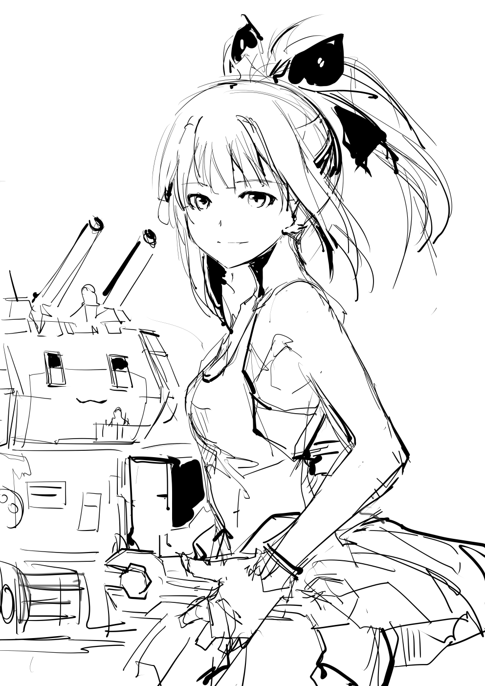 1girl, alternate_costume, armpit_peek, bangs, bare_shoulders, bra, cannon, eyebrows_visible_through_hair
