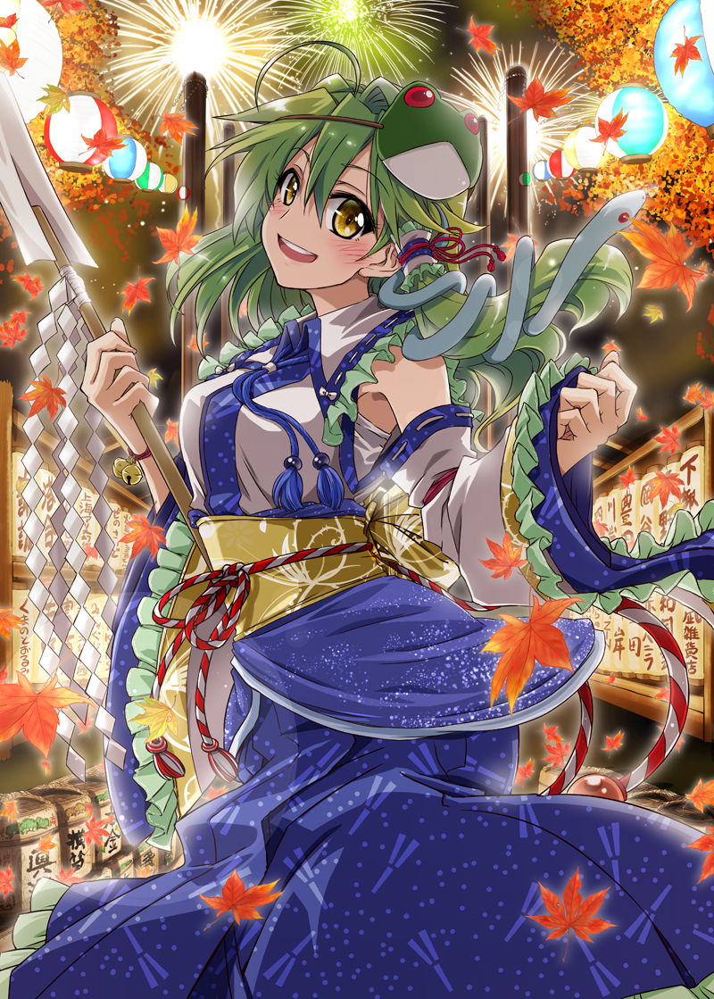 1girl, autumn, autumn_leaves, bell, blue_skirt, commentary_request, detached_sleeves, festival