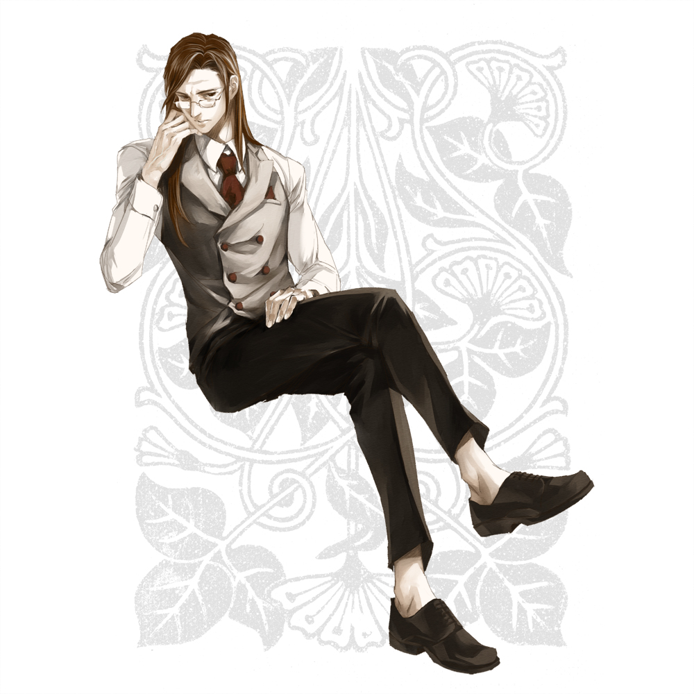 black_footwear, black_pants, brown_hair, glasses, gurumdal_(kirel), hand_on_own_leg, hand_up, invisible_chair