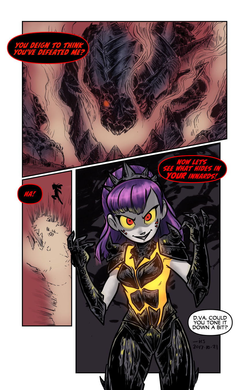 1girl, absurdres, alternate_costume, armor, comic, commentary, company_connection, d.va_(overwatch)