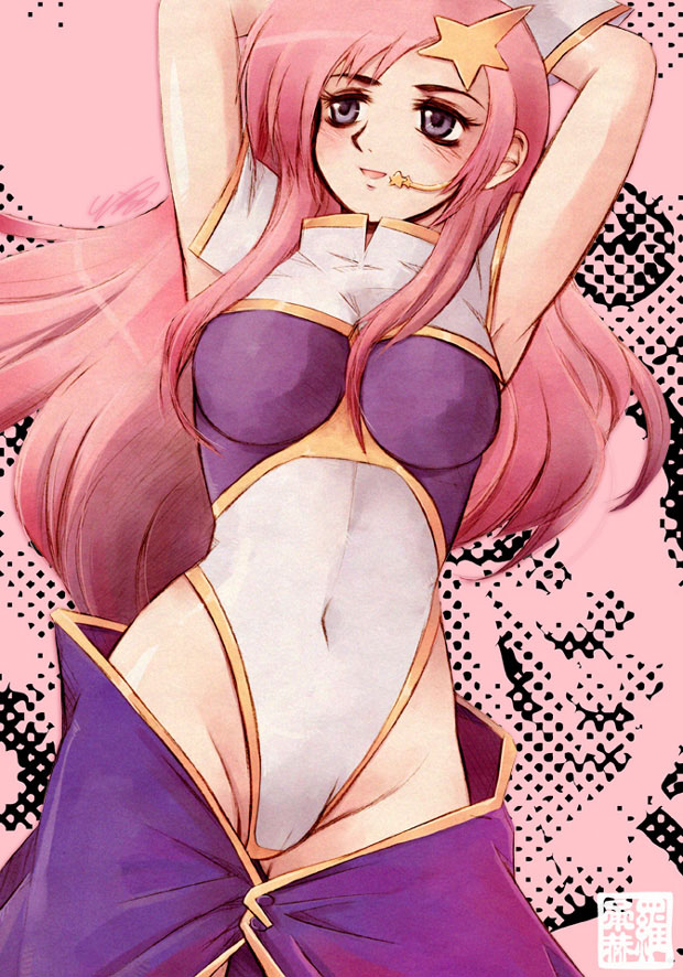 arms_up, blush, gundam, gundam_seed, gundam_seed_destiny, hair_ornament, headset, long_hair