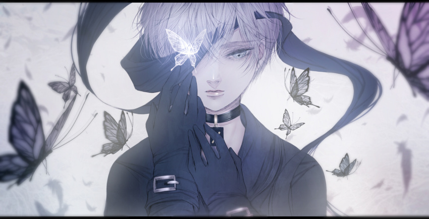 1boy, black_gloves, blindfold, blindfold_slip, blue_eyes, blurry, buckle, butterfly