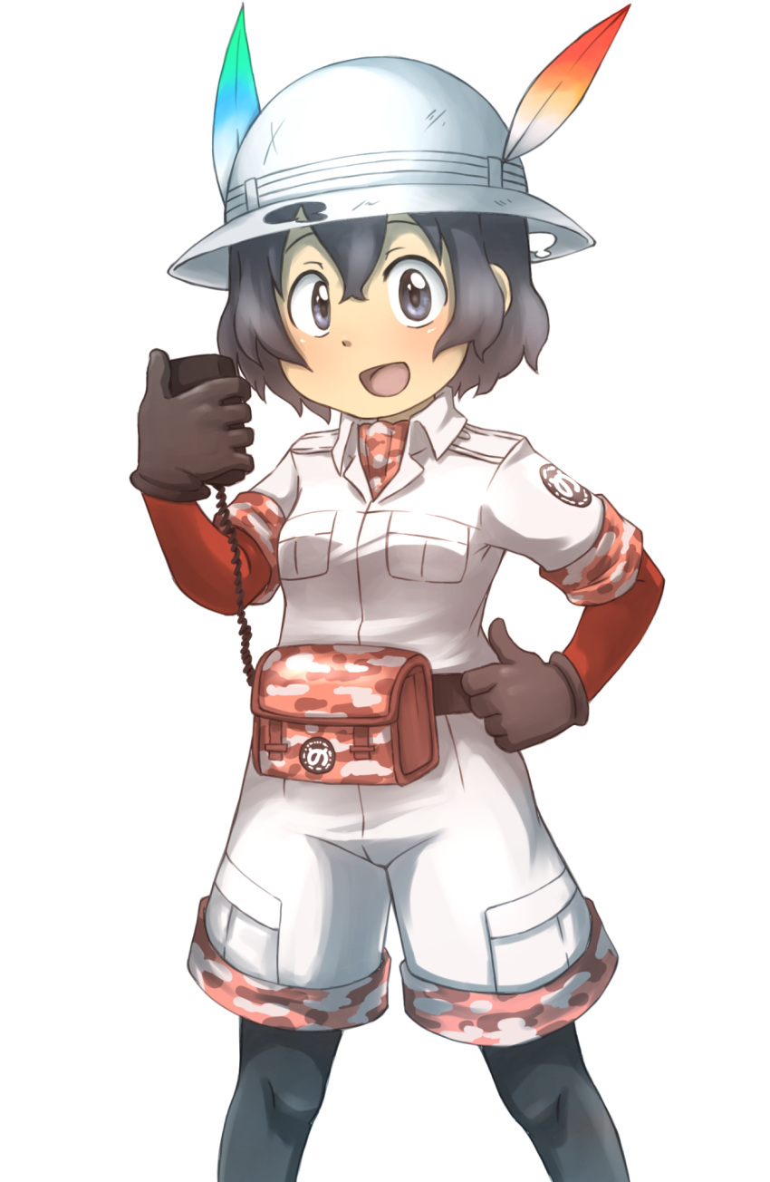 1girl, :d, alternate_color, belt_pouch, black_eyes, black_gloves, black_hair, black_legwear