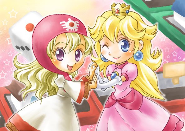 blonde_hair, blue_eyes, chibi, crossover, crown, dice, dragon_quest, dragon_quest_ii