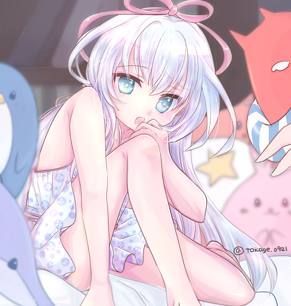 1girl, :o, artist_name, blue_eyes, dress, hair_ribbon, indoors, knee_up