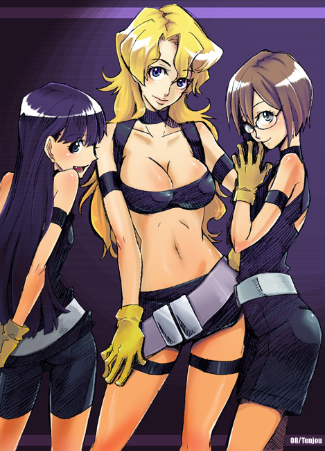 =sai=, blonde_hair, breasts, brown_hair, cleavage, fang, glasses, gloves