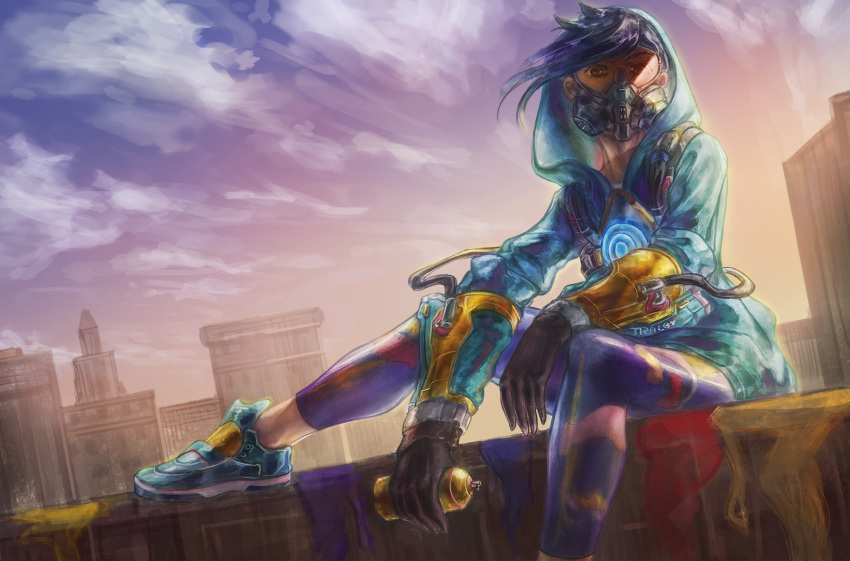 1girl, alternate_costume, black_hair, city, clouds, gas_mask, gloves, goggles