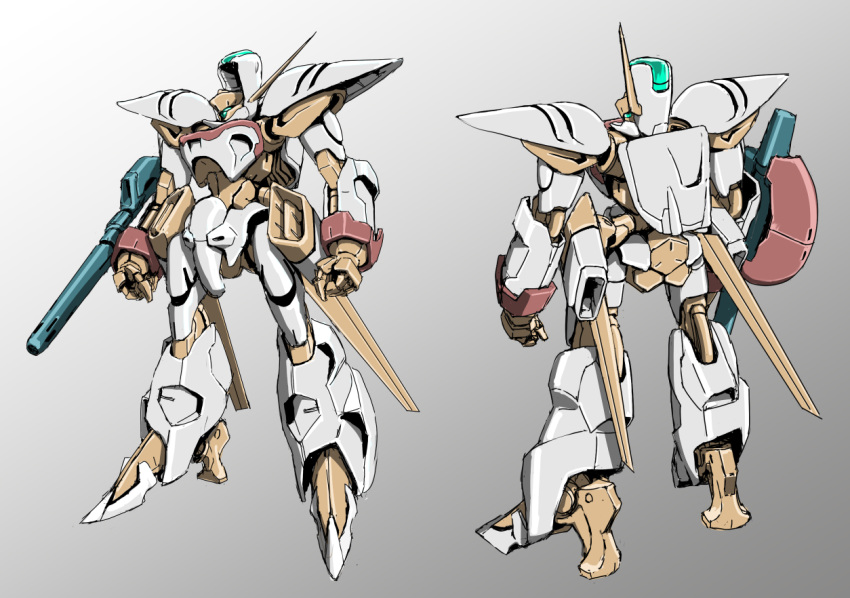 antennae, arm_cannon, choujikuu_seiki_orguss, commentary, energy_cannon, gradient, gradient_background, gunpod
